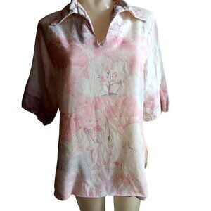 Large Vintage Peasant Top 70's Women's Print Pink Print Blouse Collar Distress